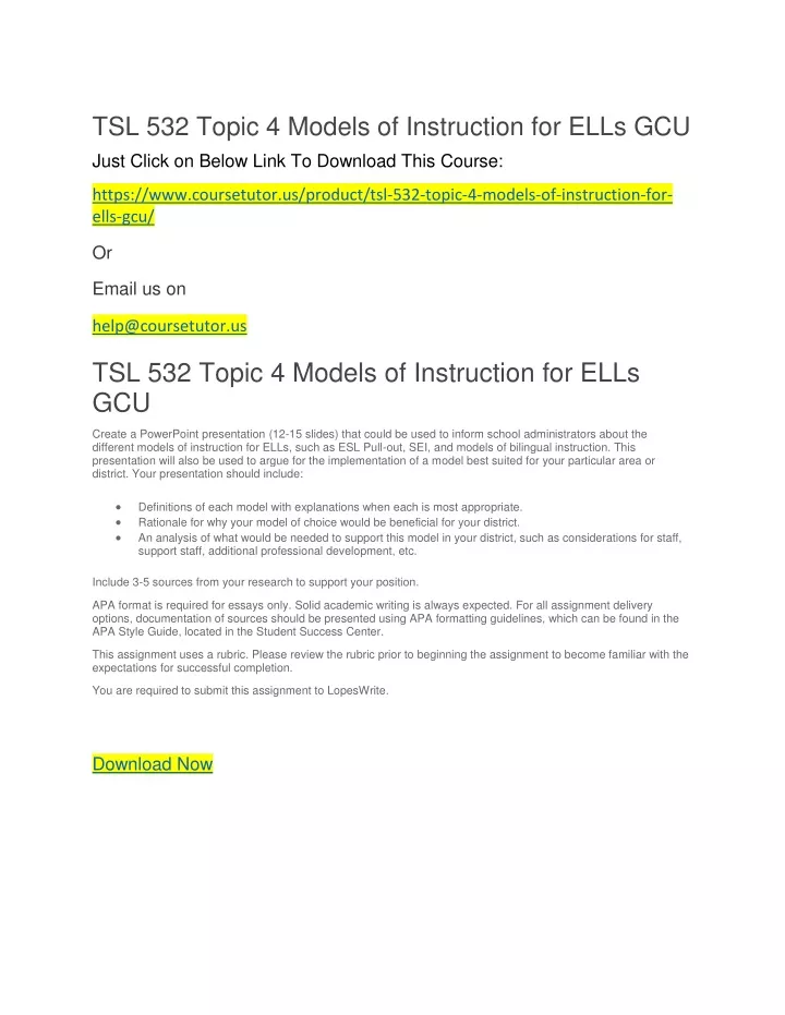 tsl 532 topic 4 models of instruction for ells gcu