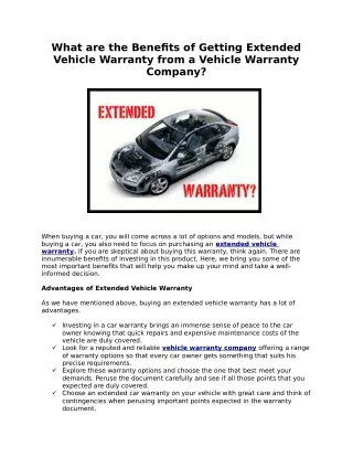 What are the Benefits of Getting Extended Vehicle Warranty from a Vehicle Warranty Company?