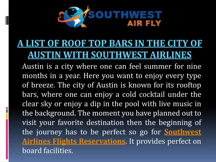 a list of roof top bars in the city of austin with southwest airlines