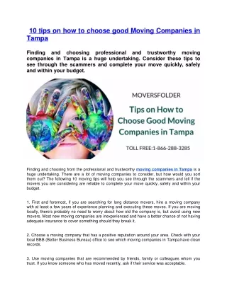 10 tips on how to choose good Moving Companies in Tampa