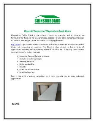 Powerful Features of Magnesium Oxide Board