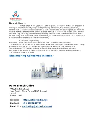 Elixir-India|Engineering Adhesives|Cyanoacrylate Remover|Gas Sealant|Pipe ThreadSealant|In Pune | In India