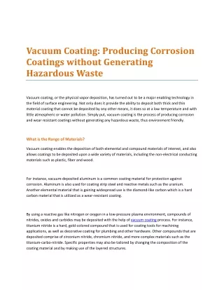 Vacuum Coating: Producing Corrosion Coatings without Generating Hazardous Waste