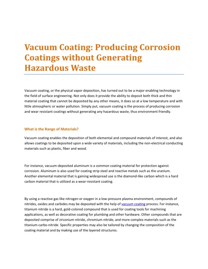 vacuum coating producing corrosion coatings