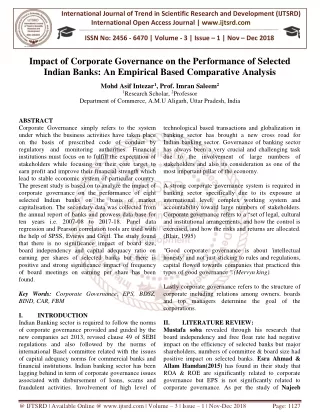 Impact of Corporate Governance on the Performance of Selected Indian Banks An Empirical Based Comparative Analysis