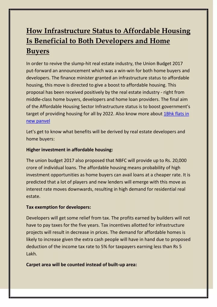 how infrastructure status to affordable housing