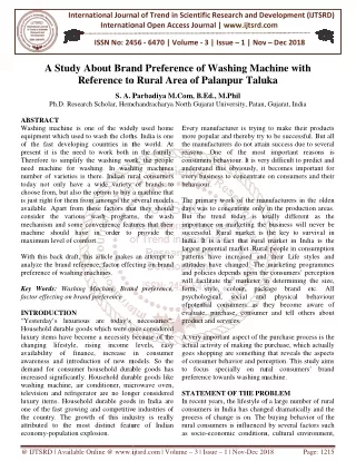 A Study About Brand Preference of Washing Machine with Reference to Rural Area of Palanpur Taluka