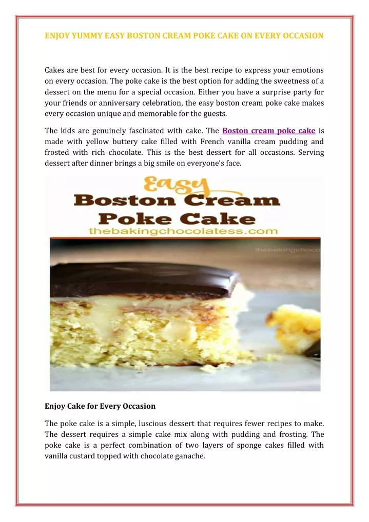 enjoy yummy easy boston cream poke cake on every