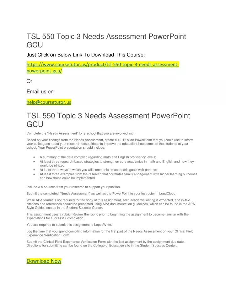 tsl 550 topic 3 needs assessment powerpoint gcu
