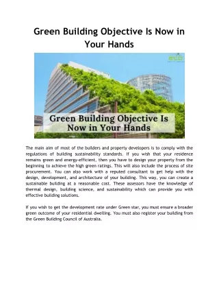 Green Building Objective Is Now in Your Hands