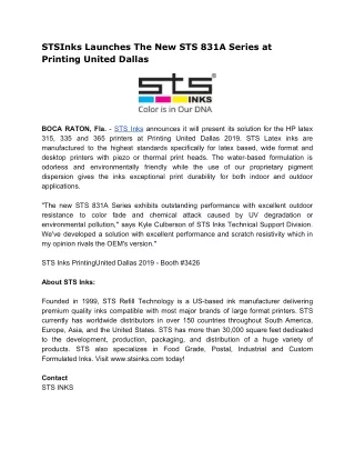 STSInks Launches The New STS 831A Series at Printing United Dallas
