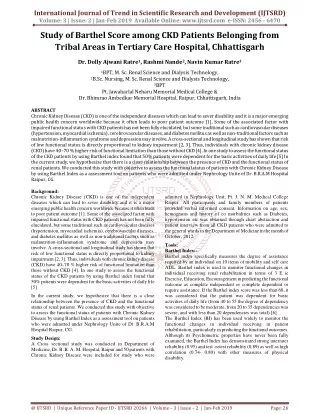 Study of Barthel Score among CKD Patients Belonging from Tribal Areas in Tertiary Care Hospital, Chhattisgarh