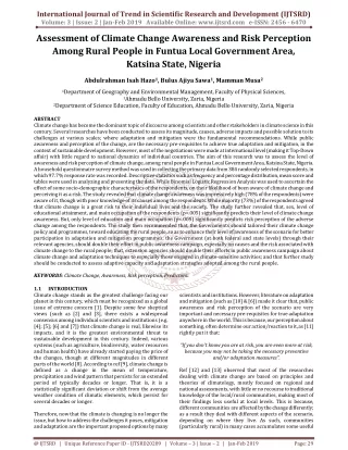 Assessment of Climate Change Awareness and Risk Perception Among Rural People in Funtua Local Government Area, Katsina S