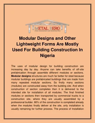 Modular Designs and Other Lightweight Forms Are Mostly Used For Building Construction In Nigeria