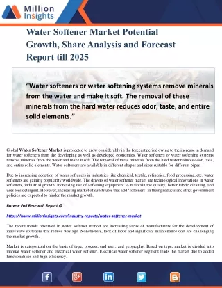 Water Softener Market Potential Growth, Share Analysis and Forecast Report till 2025