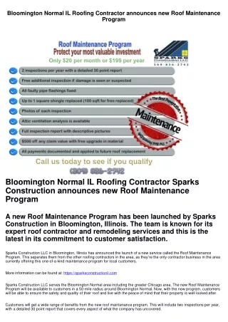 Bloomington Normal IL Roofing Contractor announces new Roof Maintenance Program