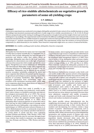 Efficacy of rice stubble allelochemicals on vegetative growth parameters of some oil yielding crops