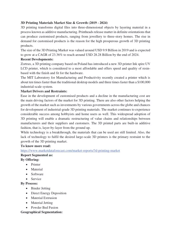 3d printing materials market size growth 2019