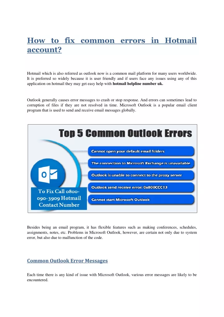how to fix common errors in hotmail account