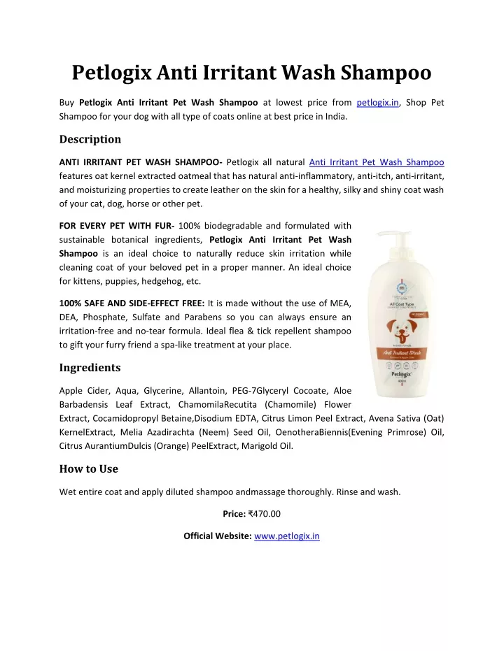 petlogix anti irritant wash shampoo