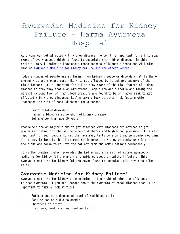ayurvedic medicine for kidney failure karma