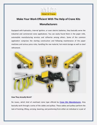 Make Your Work Efficient With The Help of Crane Kits Manufacturers