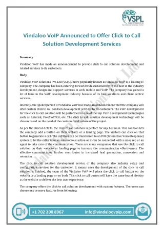 Vindaloo VoIP Announced to Offer Click to Call Solution Development Services
