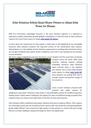 Solar Solutions Solicits Smart Home Owners to Adopt Solar Power for Homes