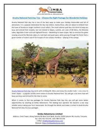 Arusha National Park Day Trip – Choose the Right Package for Wonderful Holidays