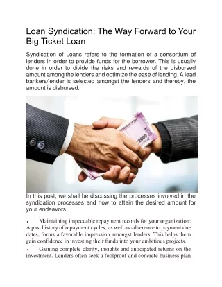 Loan Syndication: The Way Forward to Your Big Ticket Loan