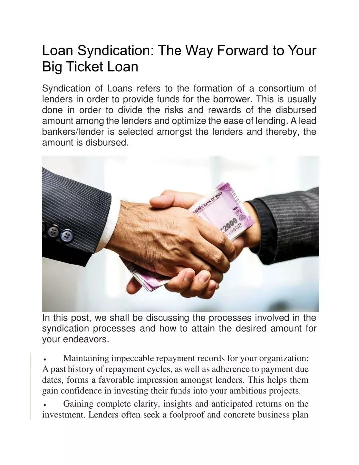 loan syndication the way forward to your