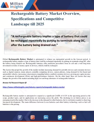 Rechargeable Battery Market Overview, Specifications and Competitive Landscape till 2025