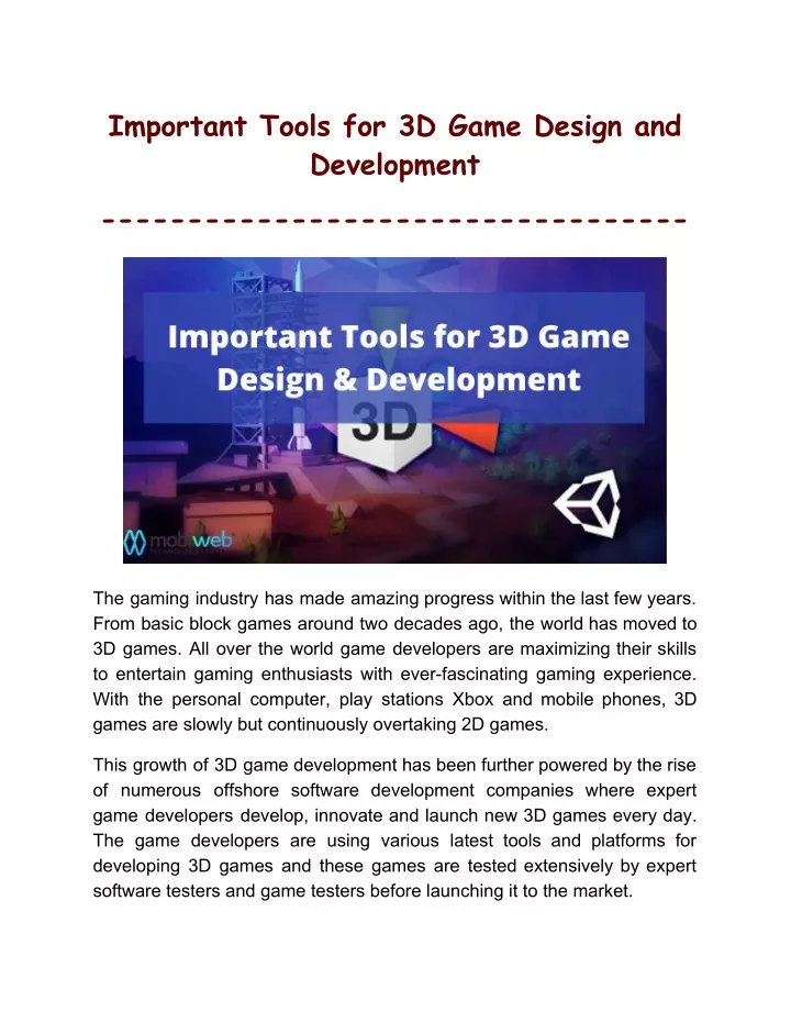 important tools for 3d game design and development