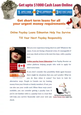 Online Payday Loans Edmonton Help You Survive Till Your Next Payday Responsibly