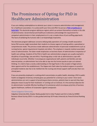 The Prominence of Opting for PhD in Healthcare Administration