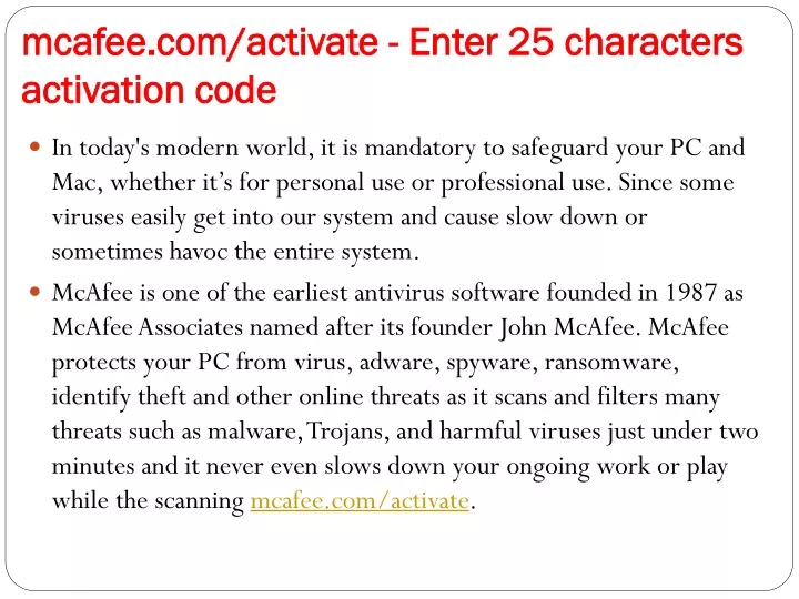 mcafee com activate enter 25 characters activation code