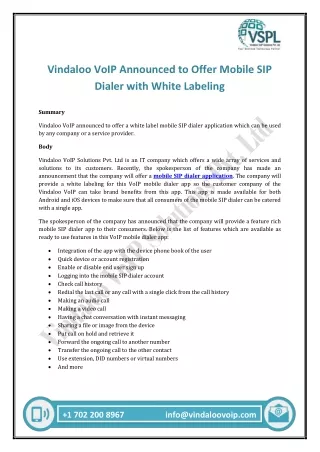 Vindaloo VoIP Announced to Offer Mobile SIP Dialer with White Labeling