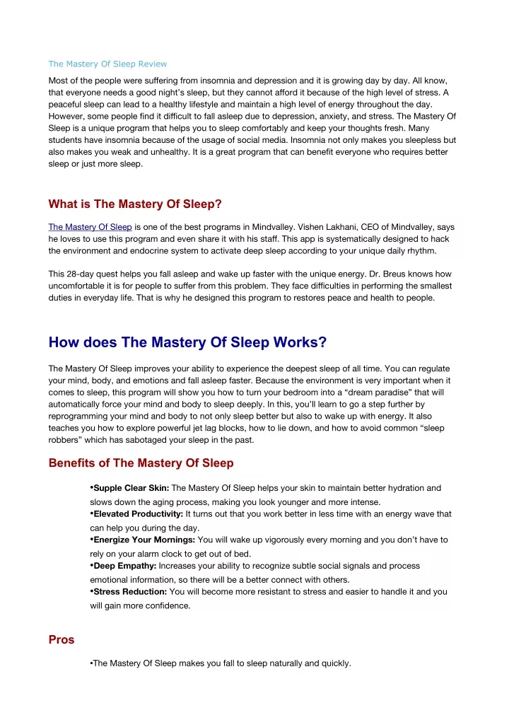 the mastery of sleep review