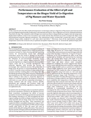 Performance Evaluation of the Effect of pH and Temperature on the Biogas Yield of Co Digestion of Pig Manure and Water H