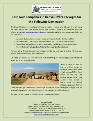 Best Tour Companies in Kenya Offers Packages for the Following Destination