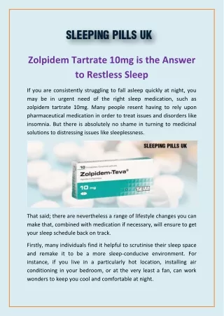 Zolpidem Tartrate 10mg is the Answer to Restless Sleep