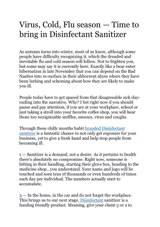 Virus, Cold, Flu season — Time to bring in Disinfectant Sanitizer