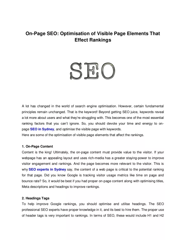 on page seo optimisation of visible page elements