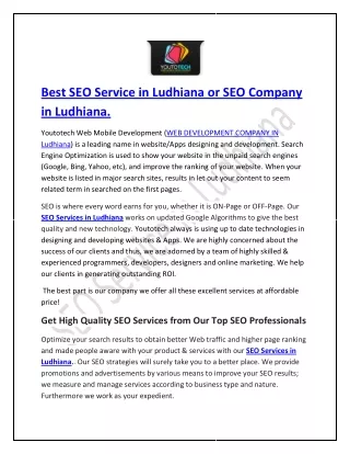 Best SEO Service in Ludhiana or SEO Company in Ludhiana – Youtotech Web Mobile Development