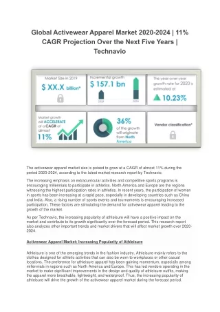 Global Activewear Apparel Market 2020-2024 | 11% CAGR Projection Over the Next Five Years | Technavio