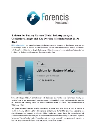 Lithium Ion Battery Market Intelligence Report for Comprehensive Information 2019-24