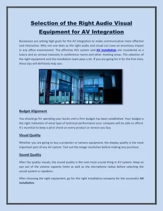 Selection of the Right Audio Visual Equipment for AV Integration