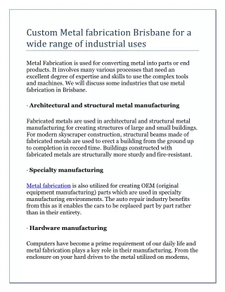 Custom Metal fabrication Brisbane for a wide range of industrial uses