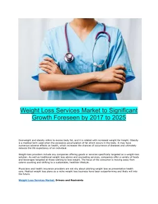 Weight Loss Services Market Significant Profits Estimated to be Generated by 2017 to 2025