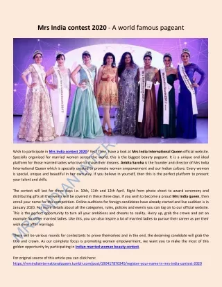 Mrs India contest 2020 - A world famous pageant